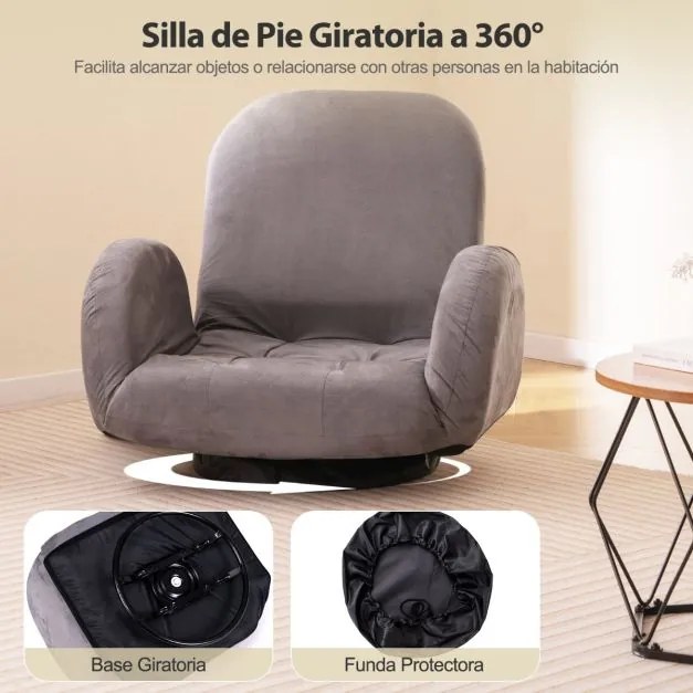 Cadeira de chão giratória com esponja dobrável com encosto ajustável e apoios de braços Cadeira de braços Reclinável Cinzento