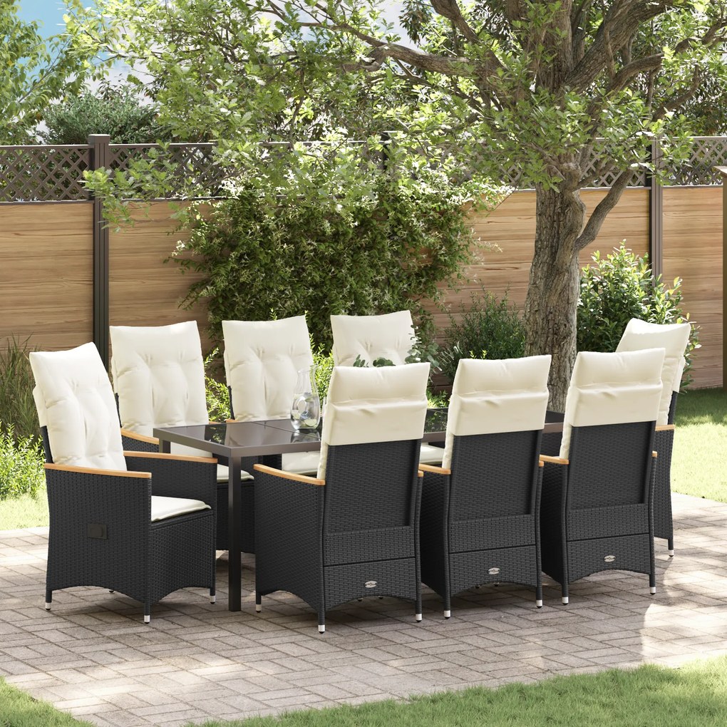 vidaXL Conjunto de Jantar de Jardim de 9 Peças com Almofadas Preto Rattan PE