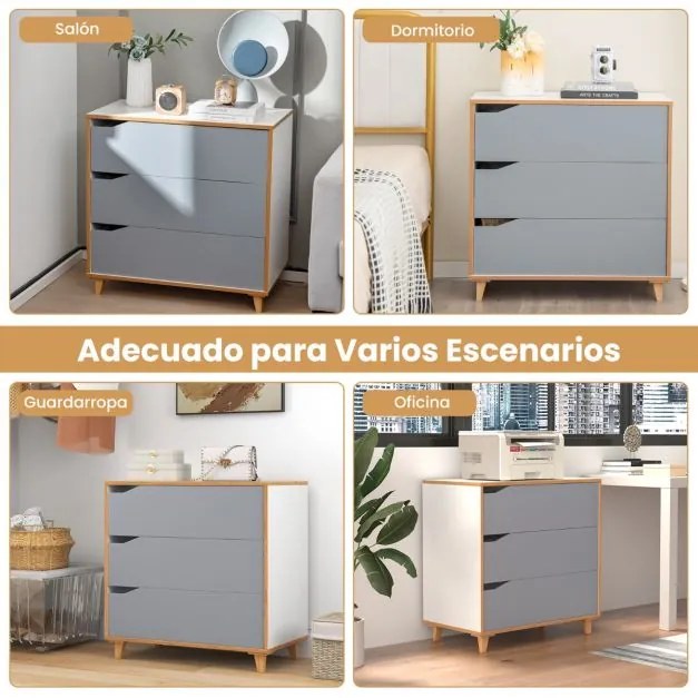 Cómoda de 3 gavetas Mesas de cabeceira com pegas integradas Dispositivo anti-inclinação para corredor de entrada Quarto 75 x 42 x 75 cm Cinzento