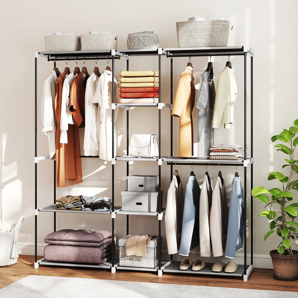 Guarda Roupa 182x43x185 cm Armário Aberto com 8 Prateleiras de Tecido Barras para Pendurar Cinza