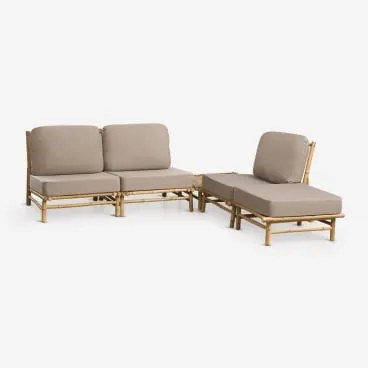 Conjunto De Jardim Com Sofá Modular De 3 Peças, Puff E Mesa De Centro Quadrada 75x75 Cm Em Bambu Isendra Tecido Castanho Moca - Sklum