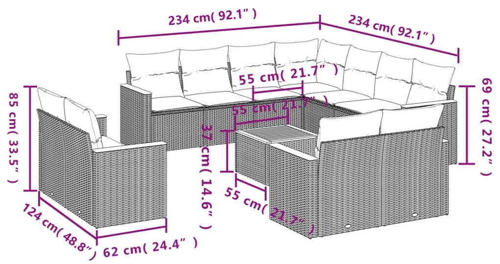 12 pcs conj. sofás jardim c/ almofadões vime PE bege misturado