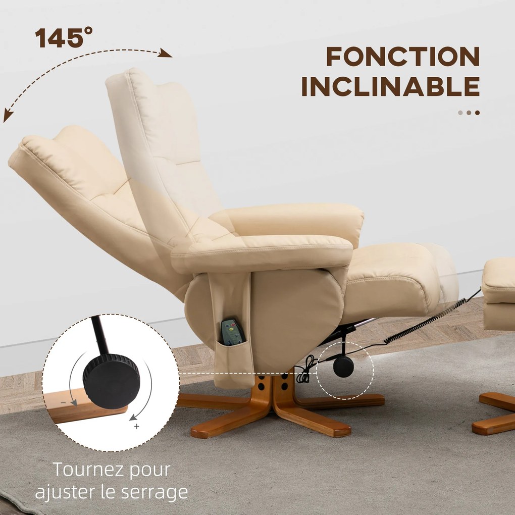Poltrona de relaxamento com massagem e pufe, poltrona giratória a 360°, encosto reclinável, 80 x 86 x 99 cm, creme