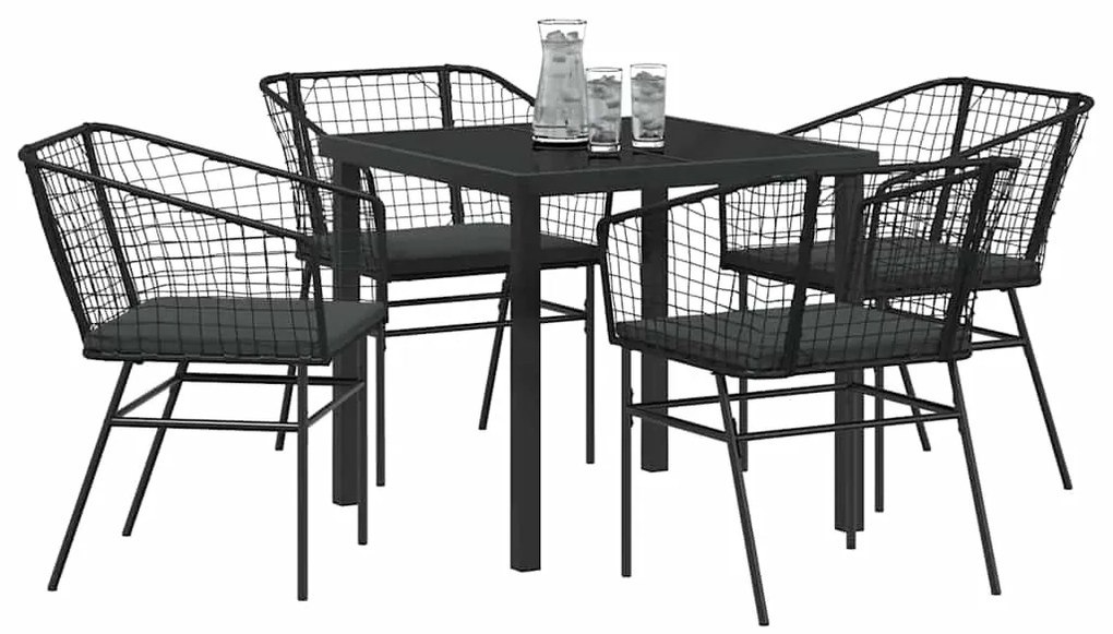 Conjunto de jantar de jardim com 5 peças e almofadas pretas em rattan