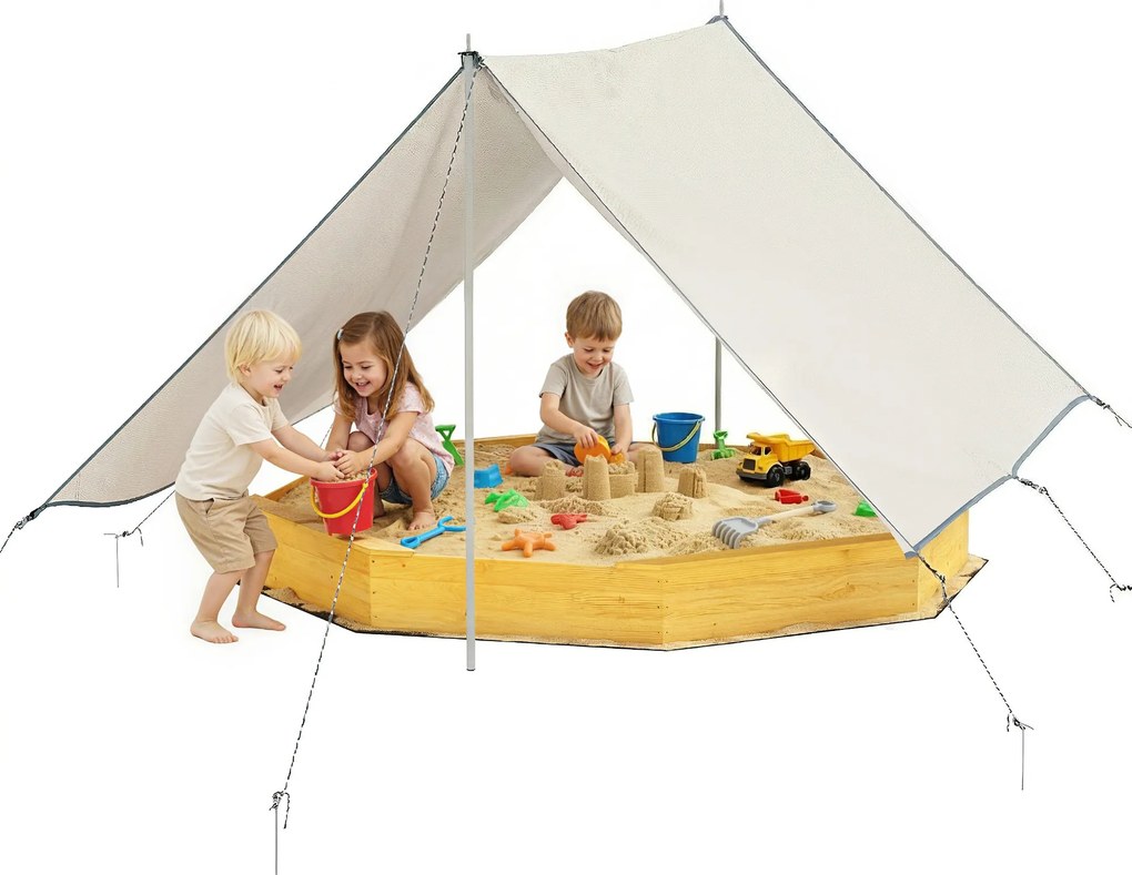 Caixa de areia crianças em madeira com toldo 214,5 x 214,5 x 22,5 cm, caixa de areia infantil para exterior com 4 bancos, forro no fundo, amarela