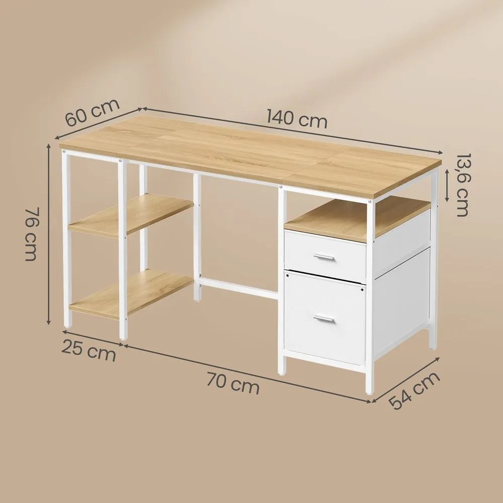Secretária com 3 prateleiras e 2 gavetas 140 x 60 x 76 cm em cor de carvalho natural-branco