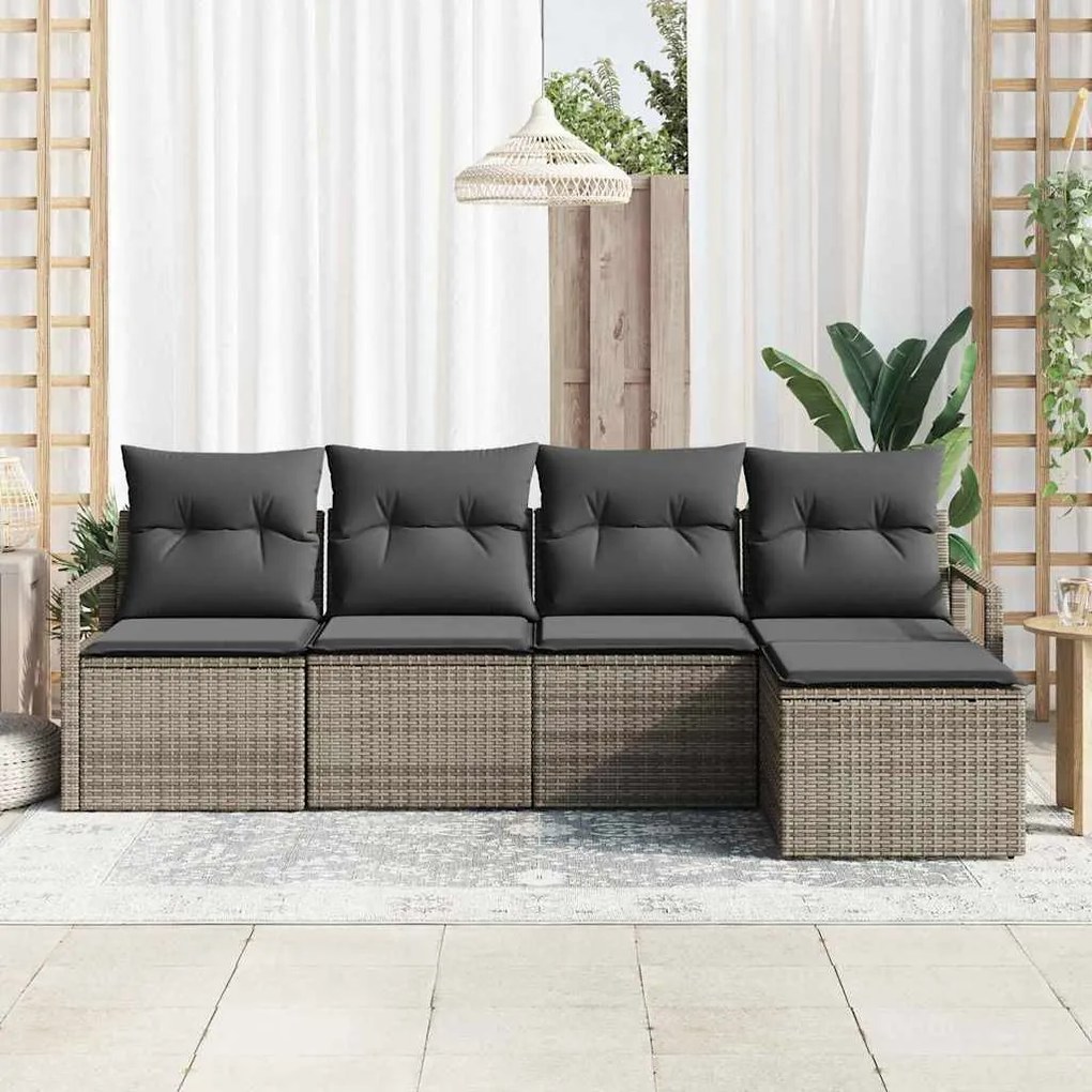 Conjunto de Sofá de Jardim com 5 Peças e Almofadas Cinzas em Rattan Si