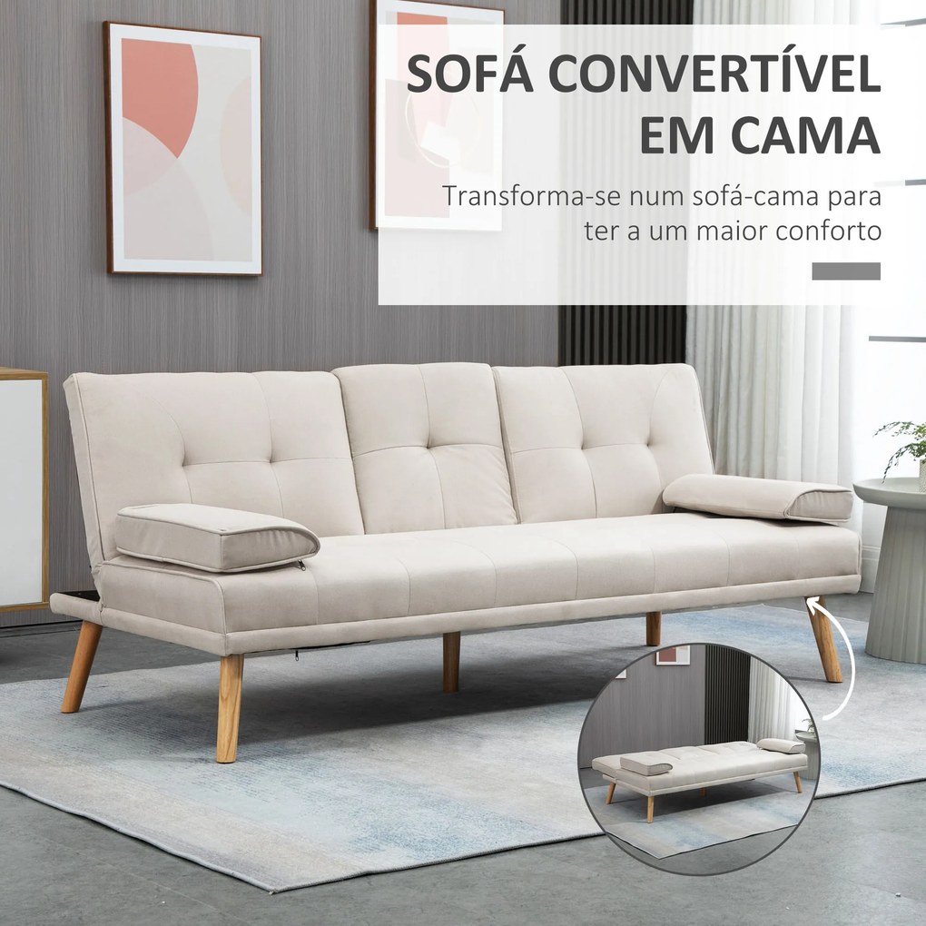 Sofá Cama 3 Lugares com Encosto Ajustável Apoio para os Braços Desmontável e 2 Suportes para Copos 181x77x78 cm Bege