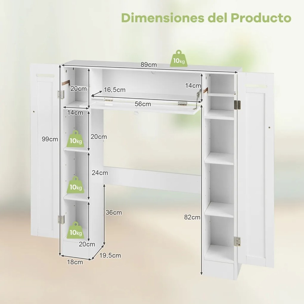 Estante de casa de banho com prateleiras ajustáveis e suporte para papel higiénico Porta articulada 89 x 19,5 x 99 cm Branco