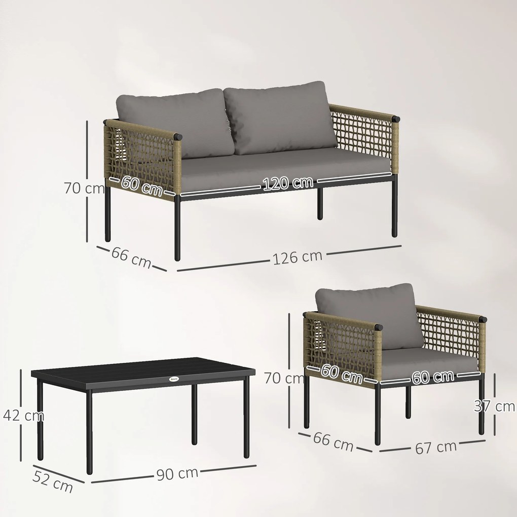 Conjunto de Jardim de Vime Sintético de 4 Peças Inclui 1 Sofá Duplo 2 Cadeiras e Mesa de Centro com Almofadas Madeira e Cinzento
