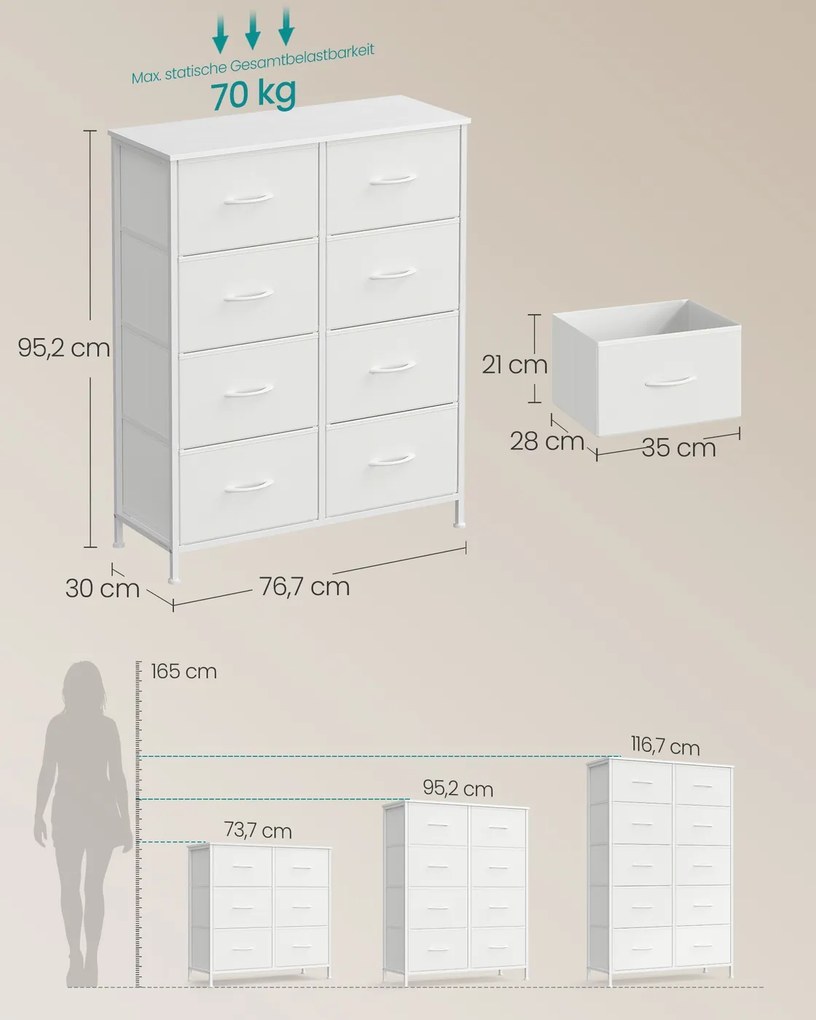 Cómoda com 8 gavetas em tecido 30 x 76,7 x 95,2 cm branco-nuvem e branco-neve