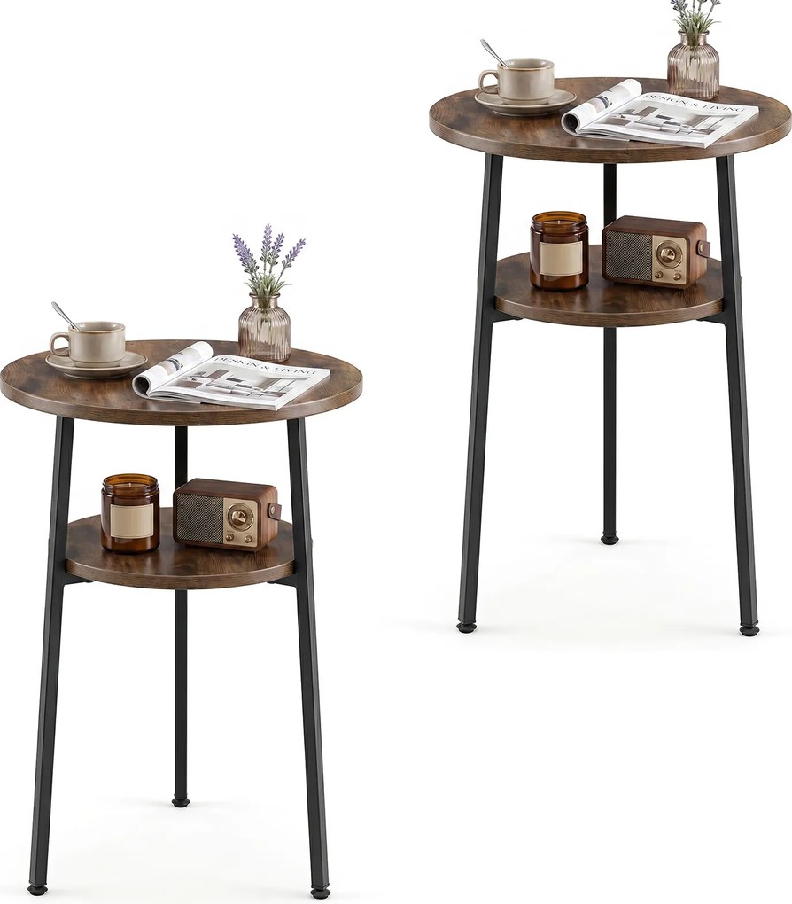 Conjunto de 2 Mesas Auxiliares Redondas, 39 x 39 x 57 cm, Dois Níveis, Castanho e preto