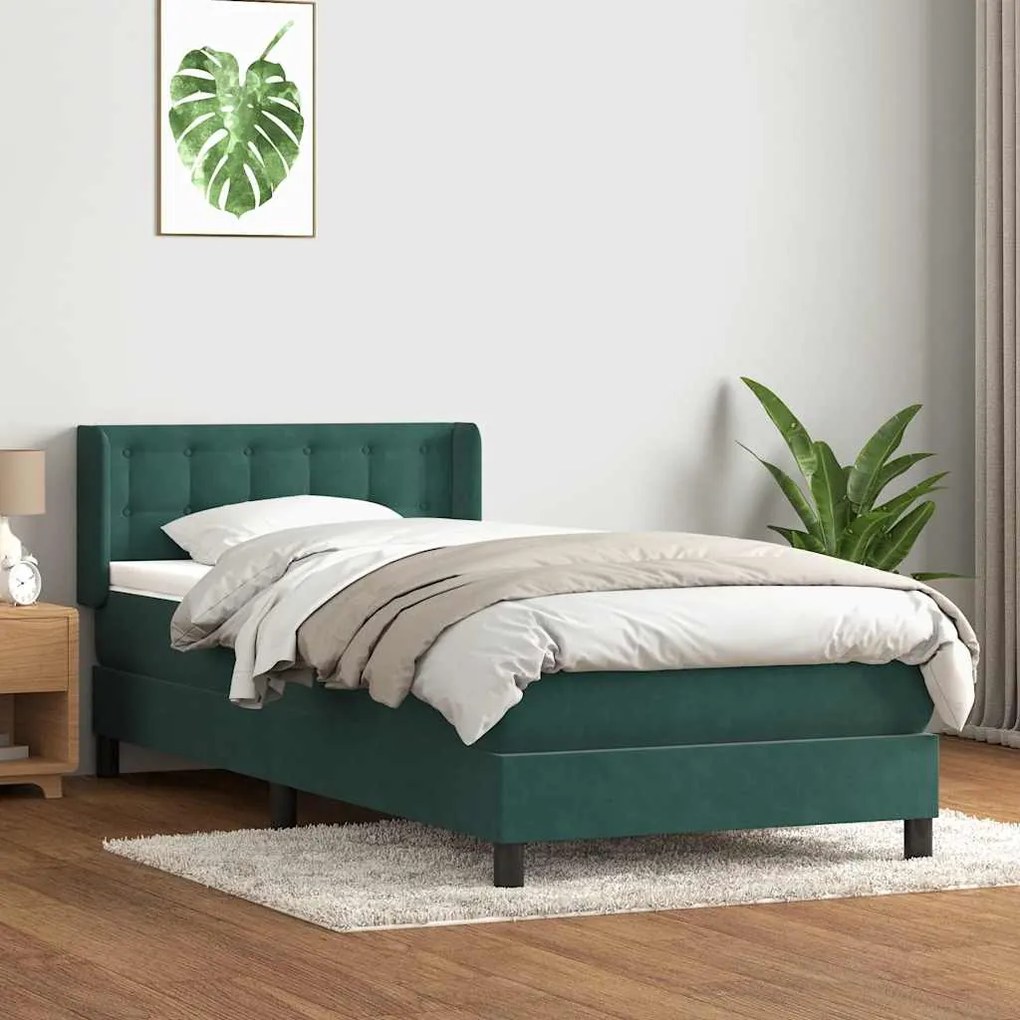 vidaXL Cama com molas/colchão 90x220 cm veludo verde-escuro