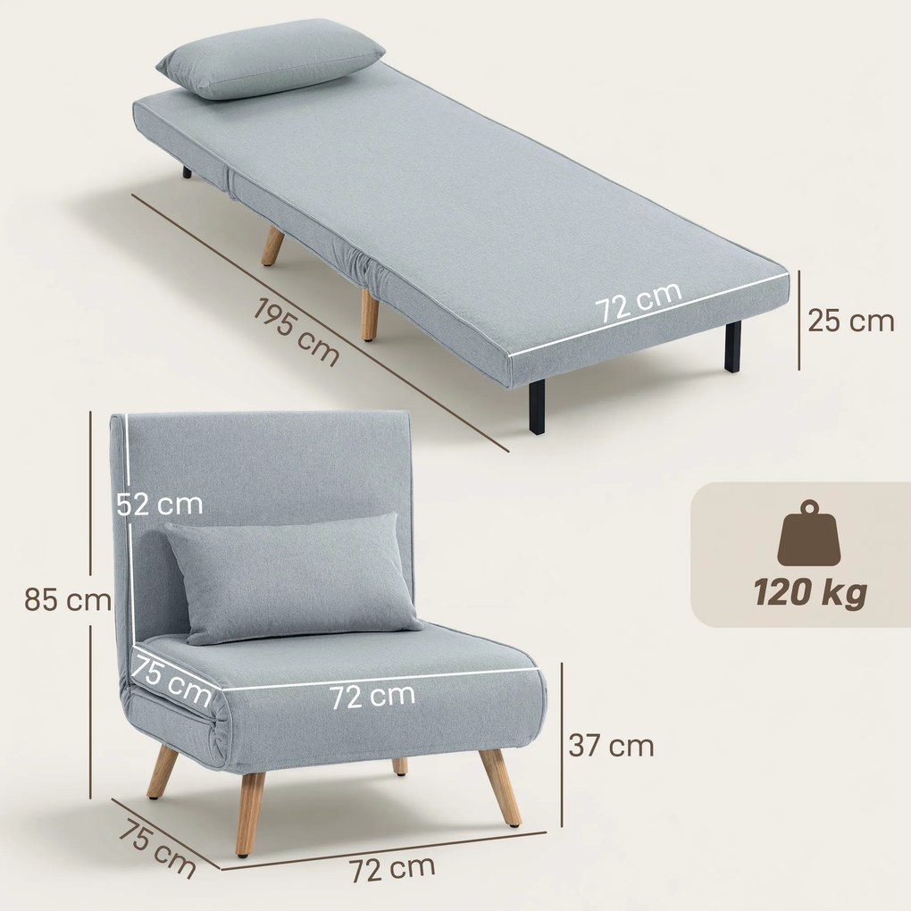 Poltrona  convertível 3 em 1: poltrona-cama individual com encosto de 5 posições, em tecido com almofada, cinzenta