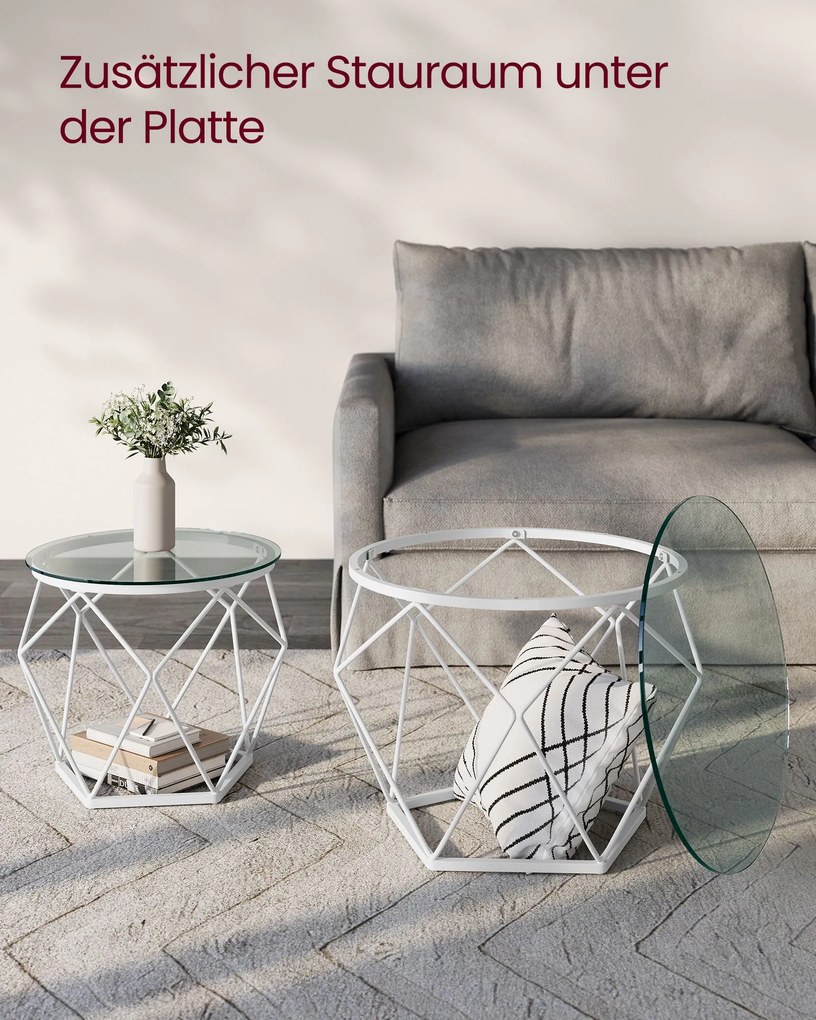 Conjunto de 2 mesas de sala de estar modernas em branco e transparente
