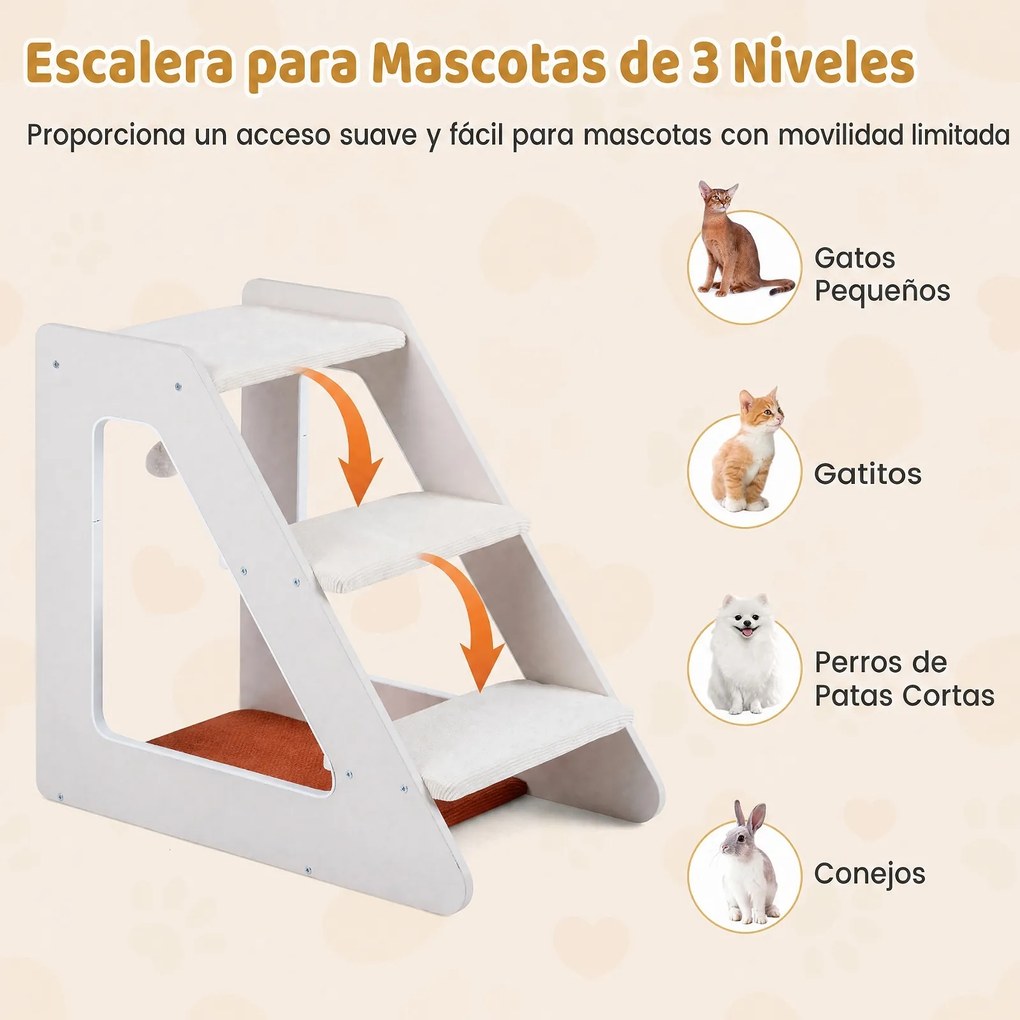 Escada para Cães e Gatos de 3 Níveis, 33 x 54 x 48 cm, Tecido de Bombazina Antiderrapante, Branco
