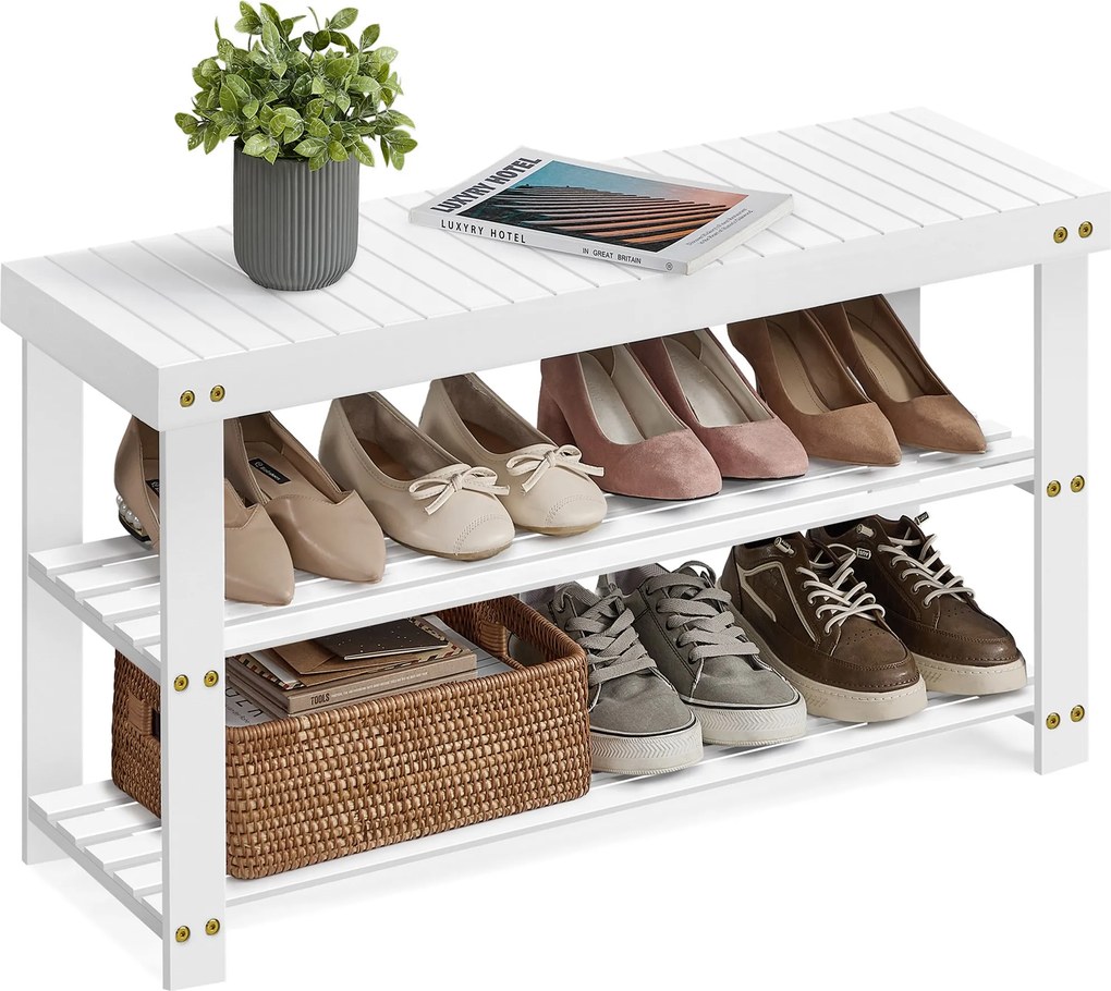 Banco sapateira em bambu, 3 níveis, 90 x 45,3 cm branco