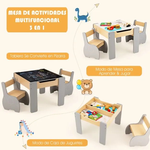 Conjunto de mesa para crianças e 2 cadeiras Mesa de actividades de madeira 4 em 1 para arte, desenho e leitura Quadro negro amovível Cinzento