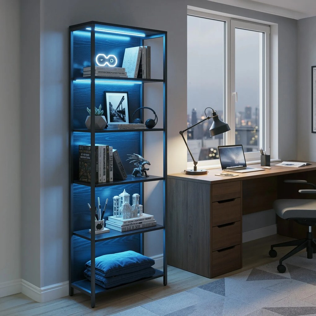 Estante de 6 prateleiras com luzes LED ajustáveis 30,3 x 60 x 178 cm preta