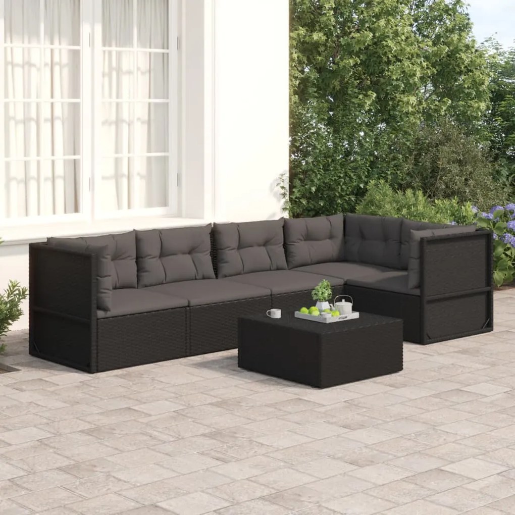 vidaXL 5 pcs conjunto lounge de jardim c/ almofadões vime PE preto