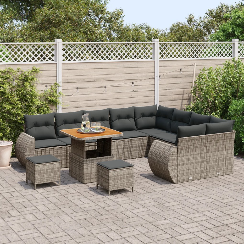 Conjunto de Sofá de Jardim de 12 Peças com Almofadas Cinza em Rattan P