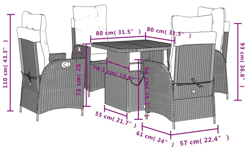 5 pcs conjunto de jantar p/ jardim c/ almofadões vime PE preto