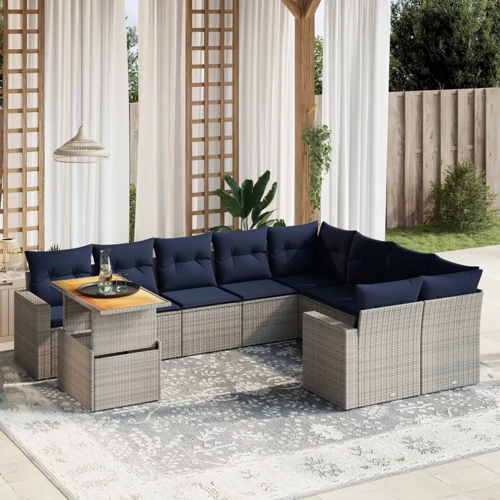 vidaXL 10 pcs conjunto sofás p/ jardim c/ almofadões vime PE cinzento