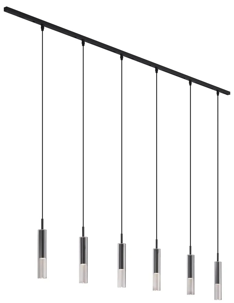 Sistema de iluminação de trilho moderno preto com 6 candeeiros suspensos pretos com vidro fumado 1 fase - Slimline Loyce