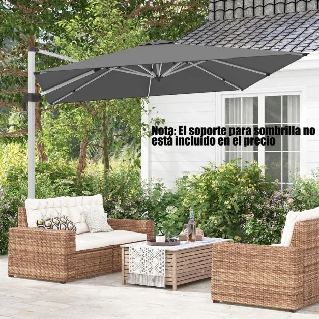 Guarda-sol quadrado de alumínio de 3 m com rotação de 360° e inclinação ajustável, resistente ao vento, para jardim, piscina, terraço Cinzento