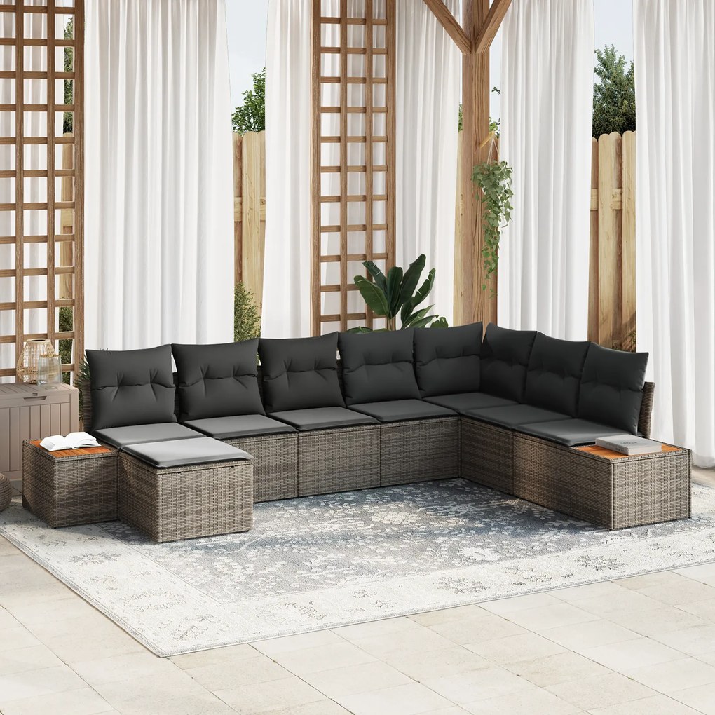 Conjunto de Sofá de Jardim vidaXL 8 Peças com Almofadas Cinza Rattan de Poliéster Acácia