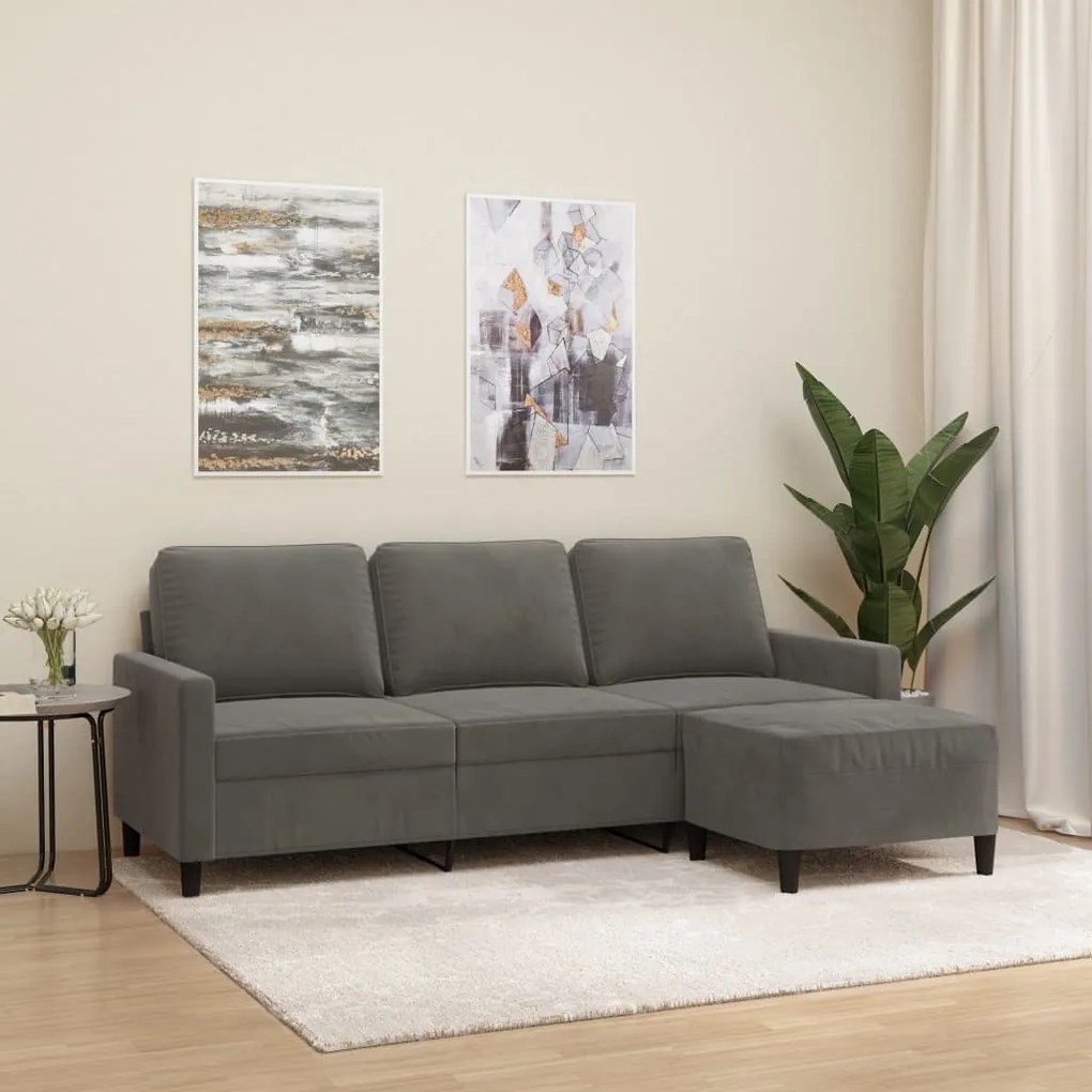 Sofá de 3 lugares com apoio de pés 180 cm veludo cinza-escuro