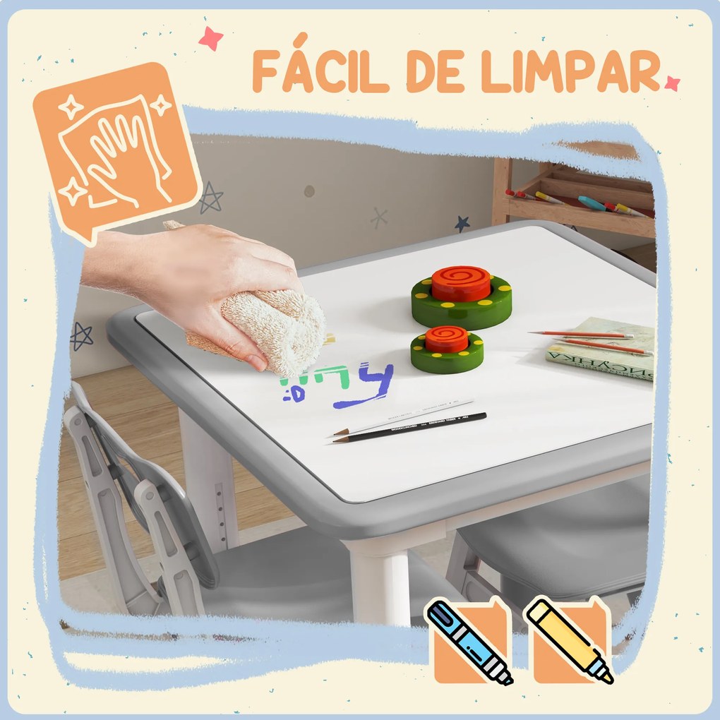 Mesa e Cadeiras para Crianças de 3 Peças com Altura Ajustável para Sala de Jogos Quarto Escola Infantil Branco e Cinza