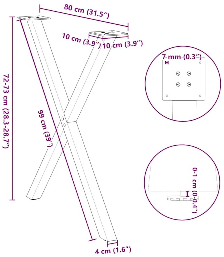 Pés de mesa de jantar em formato de X, 2 peças, preto, 80x (72-73) cm,