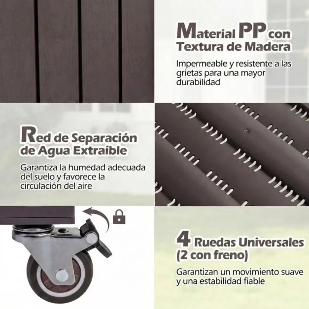 Floreira de jardim elevada Plastico 108 x 44 x 88,5 cm com rodas divisível com monitor de água, orifício de drenagem, prateleira para legumes e ervas,