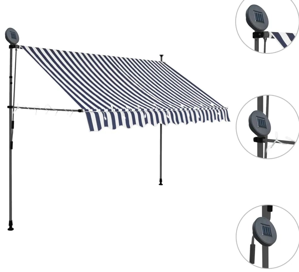 Toldo retrátil manual com LED 250 cm azul e branco