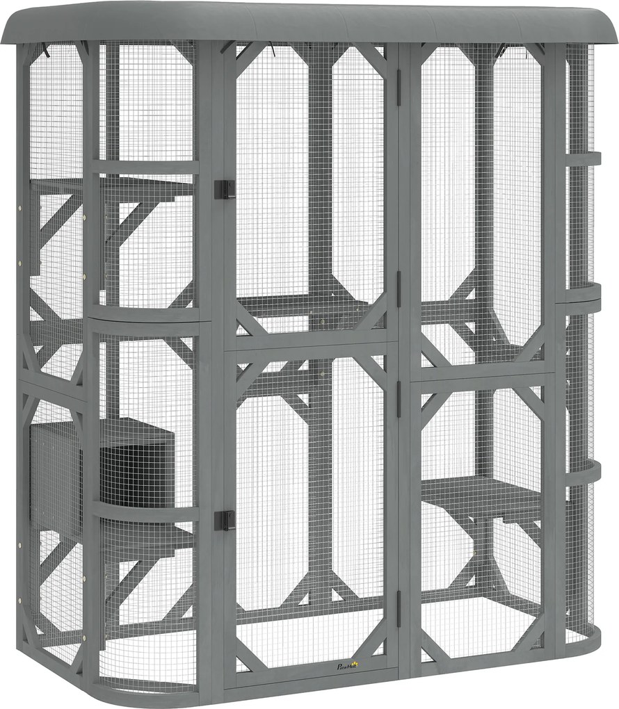 PawHut Recinto para Gatos ao Ar Livre Acessível Casinha de Madeira com 4 Plataformas Toldo Oxford Resistente à Água 2–3 Gatos até 8 kg | Aosom Portugal