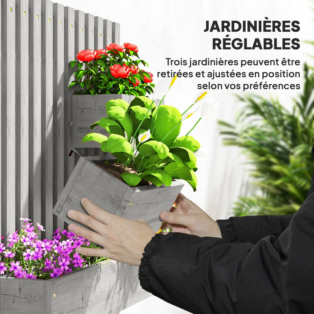 Floreira de parede 60 x 16 x 80 cm para horta com 3 vasos removíveis em madeira maciça, tecido não tecido, cinzento