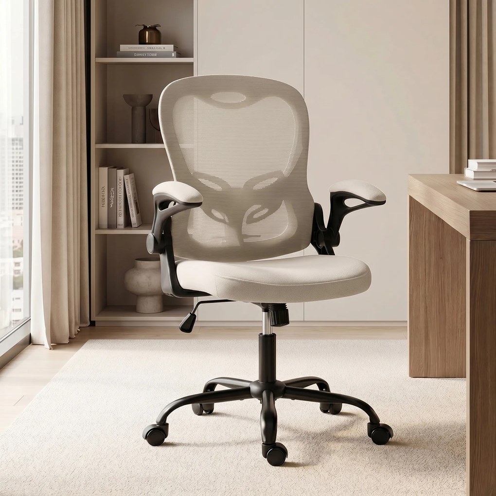 Cadeira de escritório ergonómica, cadeira de escritório em malha, braços rebatíveis, altura ajustável bege