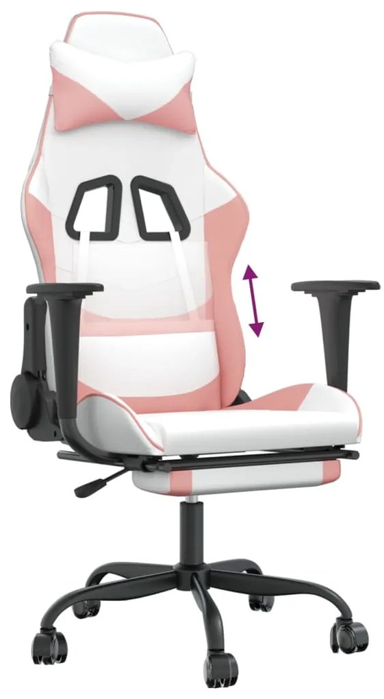 Cadeira gaming com apoio p/ pés couro artificial branco e rosa