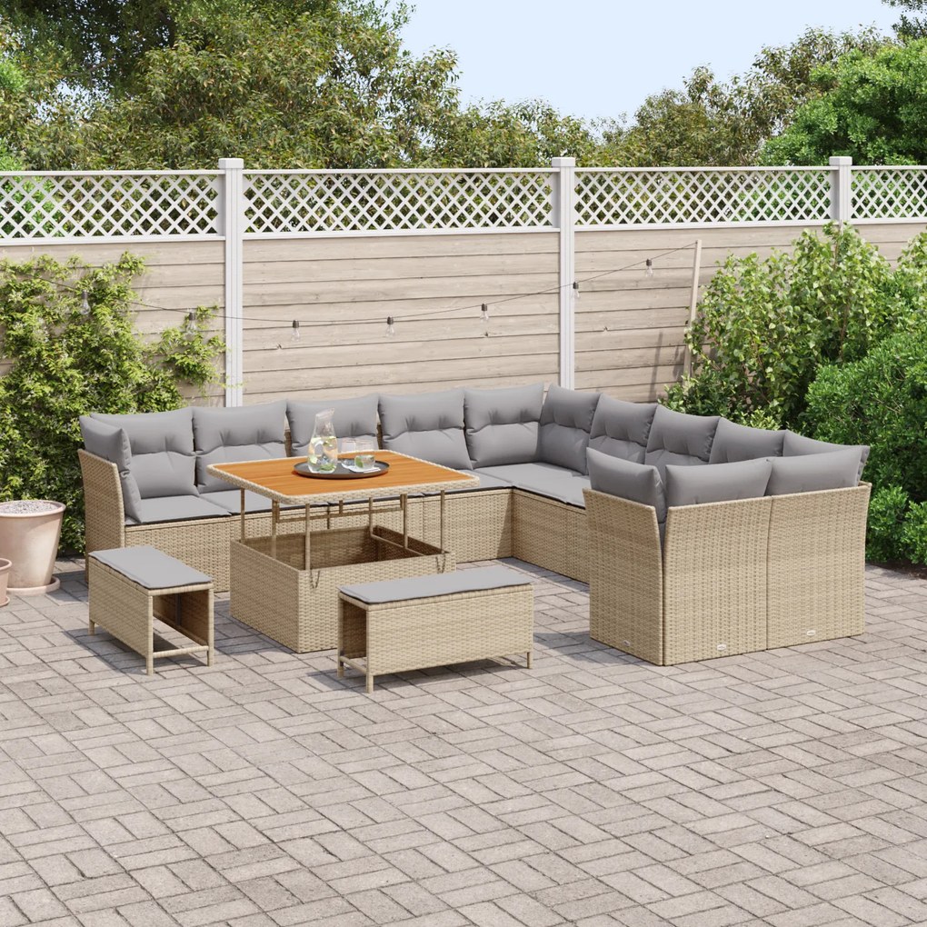 Conjunto de Sofá de Jardim vidaXL de 13 Peças com Almofadas Bege Ratan