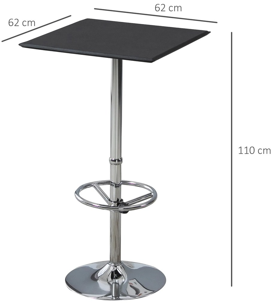 HOMCOM Mesa de Bar Mesa Alta de Cozinha com Apoio para os Pés Ajustável e Estrutura de Metal para Sala de Jantar Carga Máxima 60kg 62x62x110cm Preto e Prata