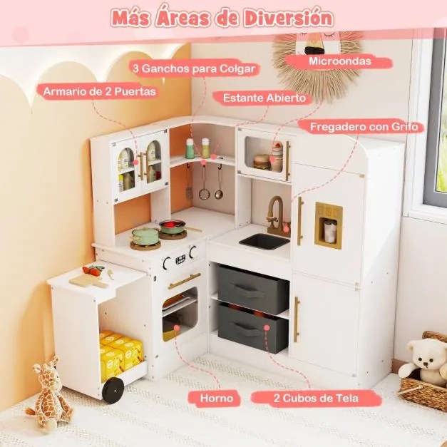 Cozinha de brincar de canto com luzes e sons, bancada retrátil, inclui lava-louças, fogão, frigorífico e acessórios para maiores de 3 anos, Branca