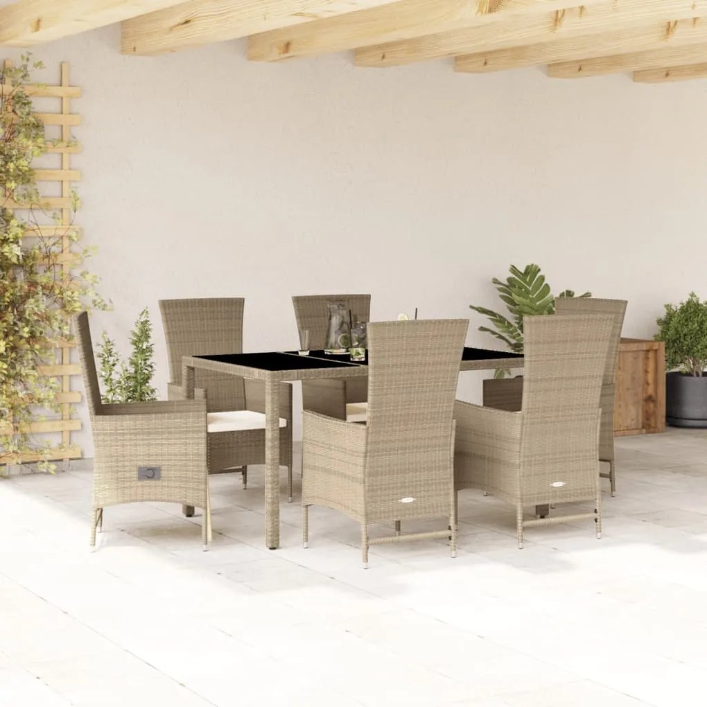 vidaXL 7 pcs conjunto de jantar p/ jardim com almofadões vime PE bege