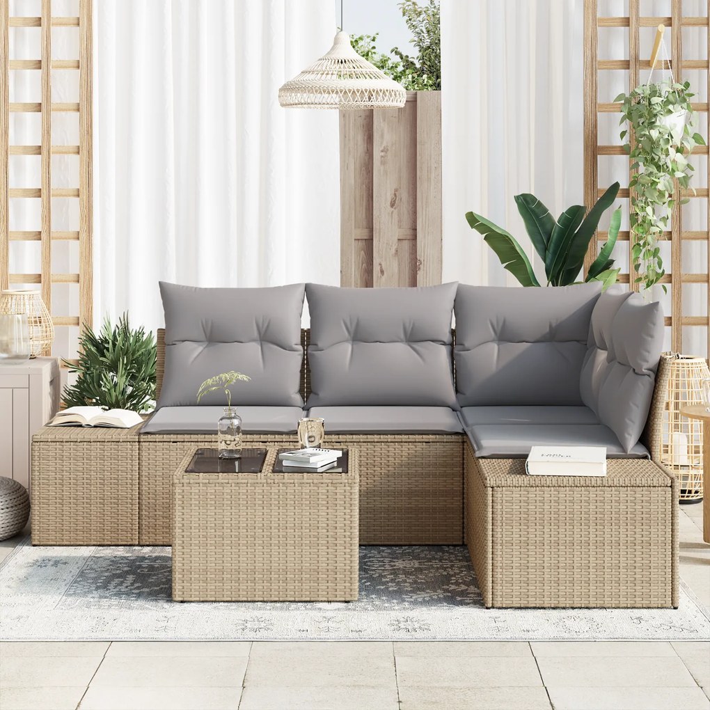 Conjunto de Sofá Jardim 5 Peças com Almofadas de Rattan Poliéster Pret