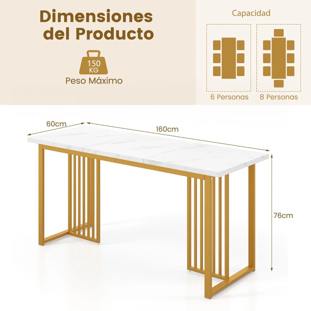 Mesa de jantar moderna para 6-8 pessoas Retangular 160 cm com tampo de mármore sintético Pernas de metal para restaurante Dourada e branco