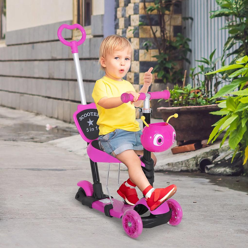 HOMCOM 5 em 1trotinete para crianças de acima de 1 ano 3 rodas trotinete com assento removível guiador ajustável 62x25x72,5 cm rosa