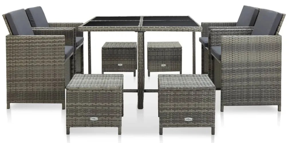 9 pcs conjunto jantar exterior c/ almofadões vime PE cinzento