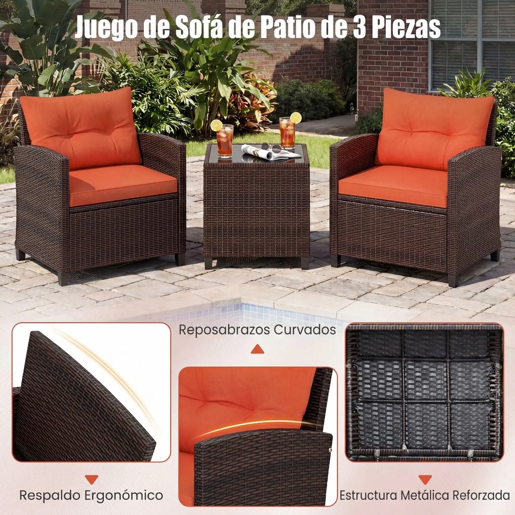 Conjunto jardim de 3 peças: cadeiras de rattan e mesa com tampo de vidro temperado. Mobiliário de exterior em vime para pátio, Castanho com almofadas