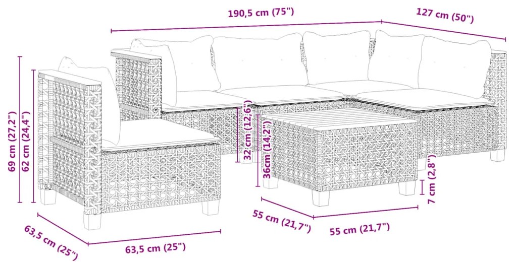 6 pcs conjunto sofás de jardim c/ almofadões vime PE preto