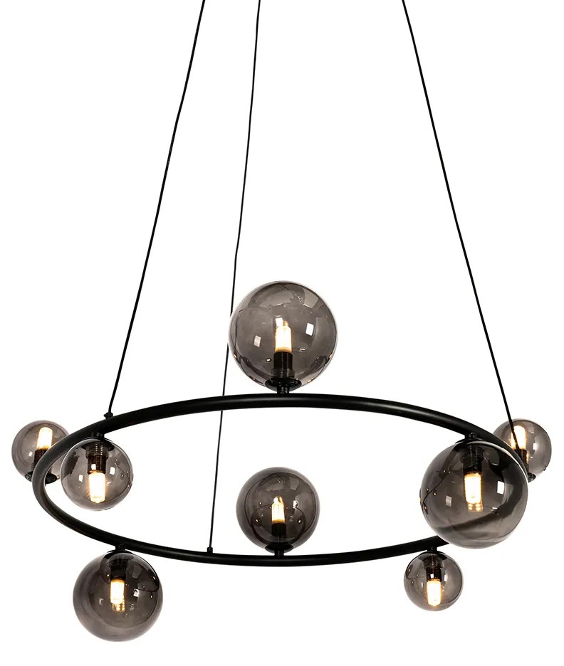 Candeeiro de suspensão preto com vidro fumê redondo 8 luzes - Monaco Design,Moderno